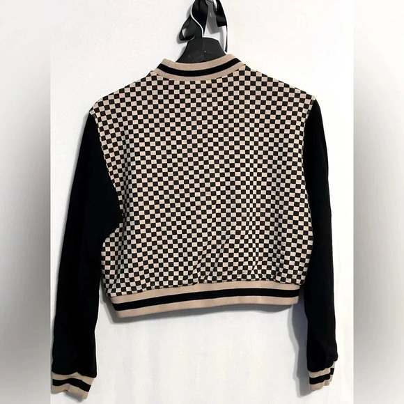 ATWYLD Checker Print Crop Sweatshirt Tan/Black XS - Picture 2 of 4